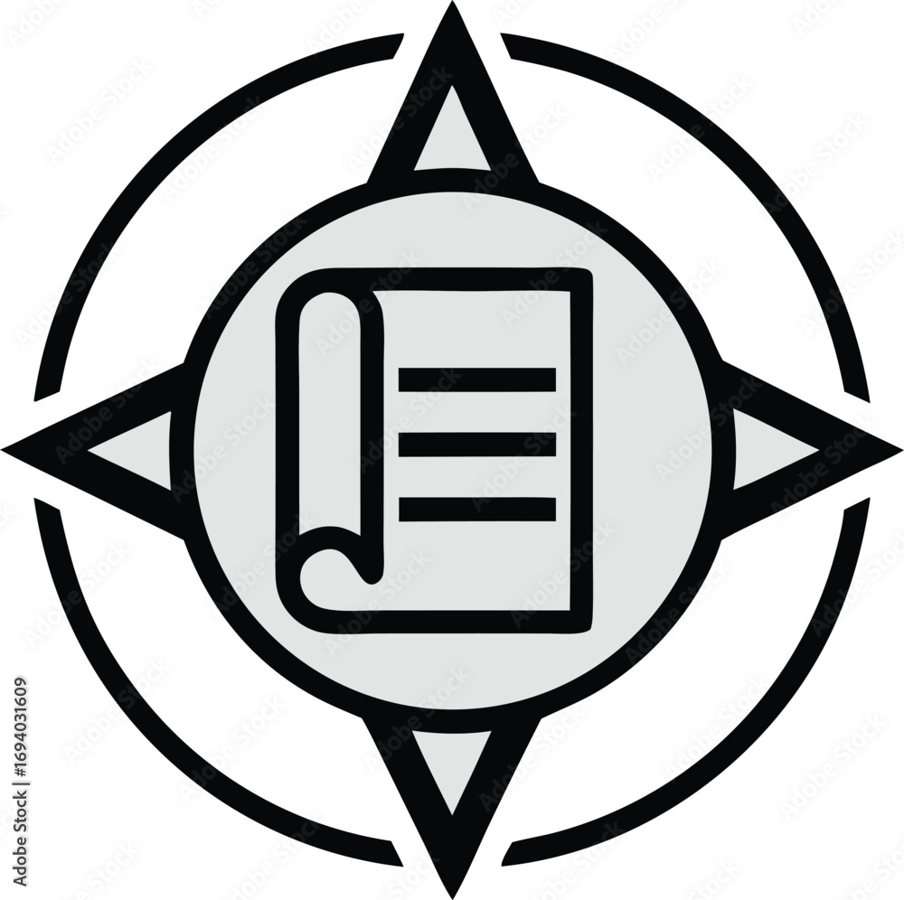 Poster clean circular line-art compass with open scroll document inside, surveying and deed writing logo.