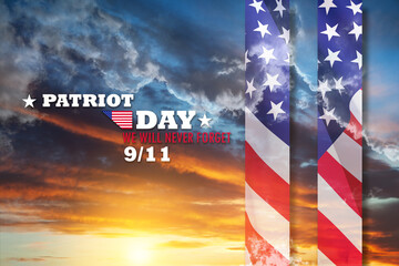 Patriot Day We Will Never Forget inscription with towers with the pattern of the USA flag on...