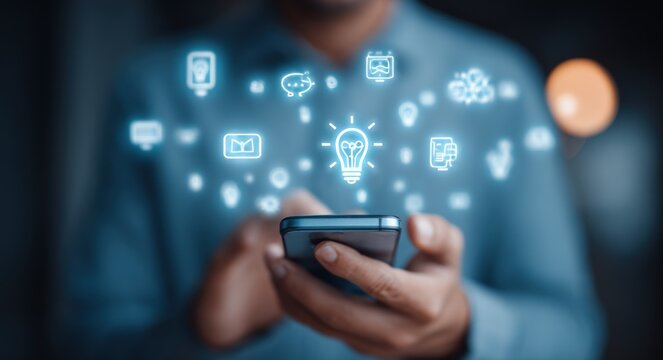 Hands hold a phone with illuminated app icons floating above. Abstract digital concept, focused and softly lit