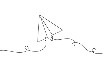 Flying paper plane continuous one line drawing minimalist origami travel vector illustration