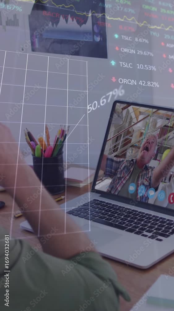 Aufkleber animation of financial data processing over man using laptop on video call