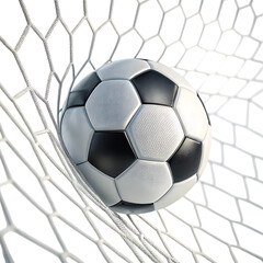 Fototapeta premium Soccer ball in goal net on white background