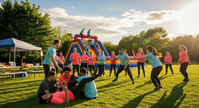 Diverse group enjoys outdoor fun a large inflatable obstacle course, a picnic table under a tent, and people playing games in the sun