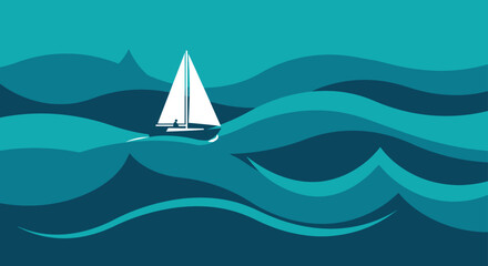 Minimalist White Sailboat Navigating Stylized Blue Ocean Waves