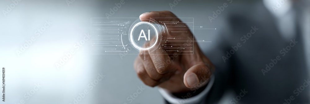Aufkleber professional businessman pressing digital ai interface, activating advanced technological system wit