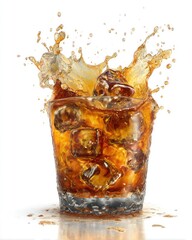 Refreshing drink splashes as ice falls into a clear glass filled with a fizzy, brown liquid on a white background