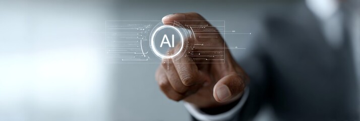 Professional businessman pressing digital ai interface, activating advanced technological system with interactive touchscreen display and cybersecurity integration