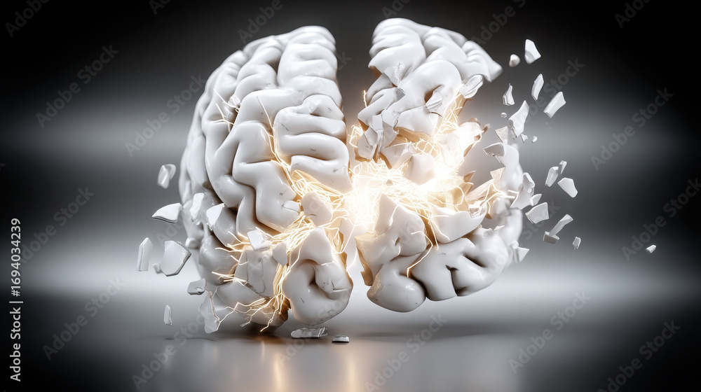 Aufkleber conceptual render of brain splitting into glowing fragments, showcasing dynamic energy and creativit