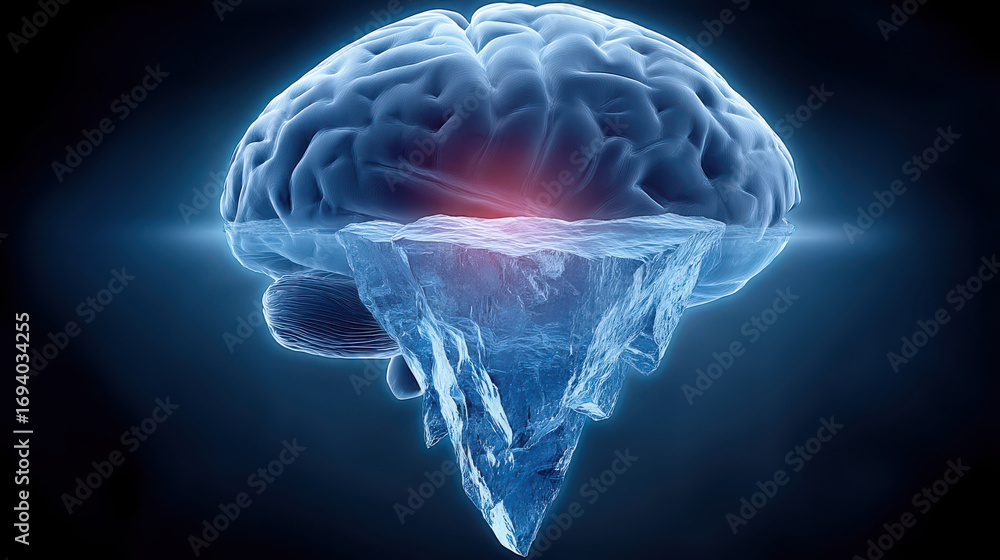 Poster conceptual render of brain as glowing holographic image with iceberg effect, symbolizing depth and c