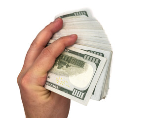 USA dollars, US money, cash, salary in dollars, dollar, mans hand is holding a stack of US dollars,...