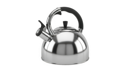Shiny metal whistling kettle with handle and spout for hot beverages and cooking preparation transparent background