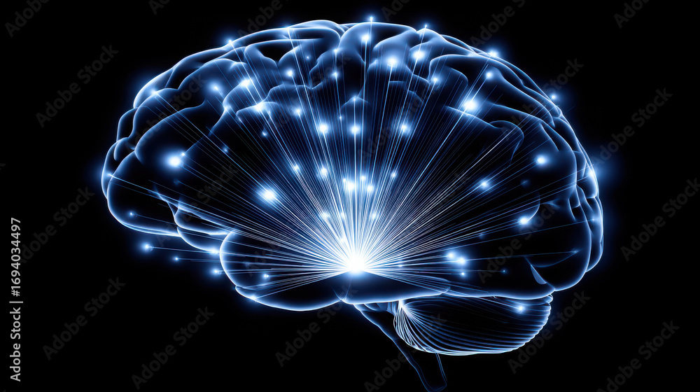 Poster digital visualization of glowing brain with luminous connections, representing neural activity and i