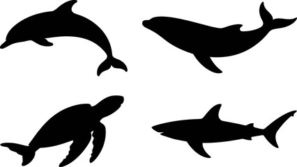 Fototapeta premium Silhouettes of marine animals: dolphin, whale, turtle, and shark on a white background