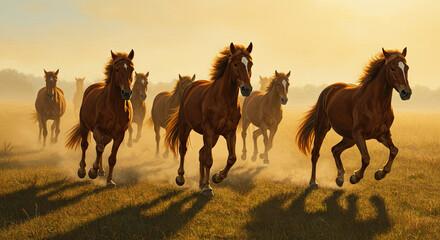 Fototapeta premium Chestnut Horses Running Across Golden Grassy Field Under Warm Sunlight