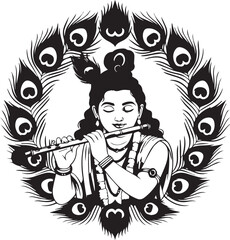 Krishna Playing Flute with Peacock Feathers Illustration in Art Style