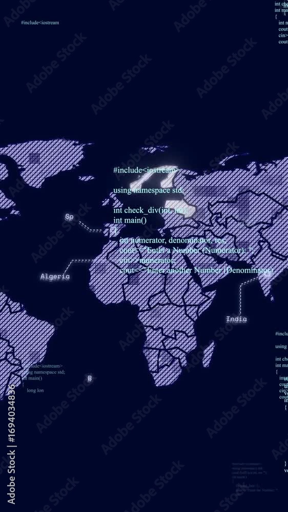Aufkleber animation of data processing over world map on dark background