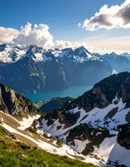 Alpine vista with snow-capped peaks