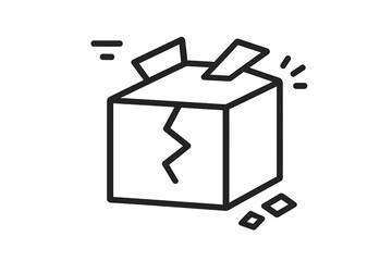 Broken box icon concept of damaged goods. Fragile package or delivery problem symbol. Shipping error, return or claim sign. Cracked open carton vector outline illustration.