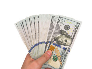 USA dollars, US money, cash, salary in dollars, dollar, mans hand is holding a stack of US dollars,...