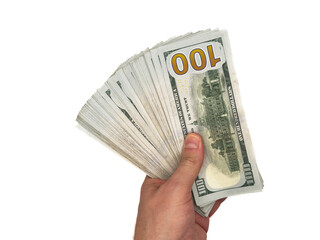 USA dollars, US money, cash, salary in dollars, dollar, mans hand is holding a stack of US dollars,...