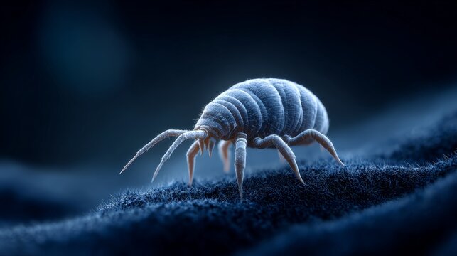 Microscopic dust mite crawling across dark blue fabric, revealing segmented body and multiple legs, magnified by detailed 3d rendering highlighting potential allergy trigger