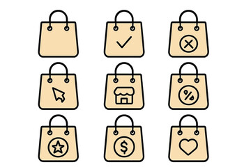 Shopping bag icon set for e-commerce. Online store symbols for buy, sale, discount, add to cart, favorite, and wishlist. Minimalist vector line icons for web and apps.
