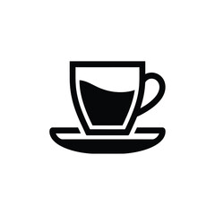 Simple black and white icon of a coffee cup and saucer