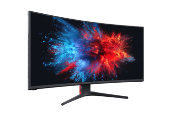 Curved monitor with vibrant explosion graphic
