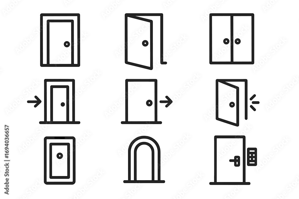 Poster doors line icon set. entrance, exit, open, close, and security symbols. vector pictogram collection 