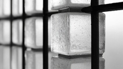 Abstract view of cubic blocks behind metal mesh