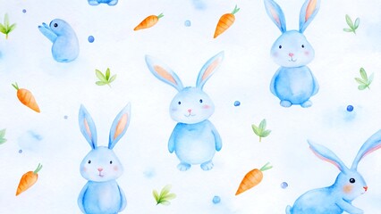 Cute bunny pattern with carrots and leaves, perfect for spring and easter themes, creating a whimsical and joyful design isolated on white background