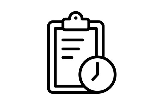 Time management icon with clipboard and clock. Schedule, deadline, and task list concept. Project planning and organization symbol. Minimalistic linear vector illustration.