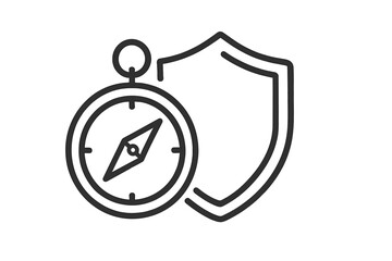 Compass with shield icon. Metaphor for safe travel, secure navigation, and protection. Vector line symbol for exploration, guidance, direction, and safety. Minimalist logo.