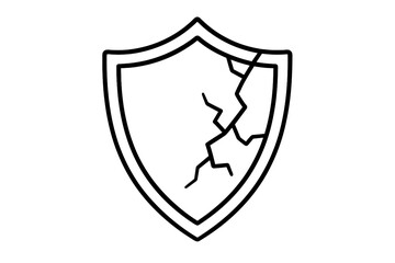 Broken shield line icon. Metaphor for vulnerability, risk, and danger. Concept of a failed security system, data breach, weak protection, and damage. Unsafe, insecure symbol.