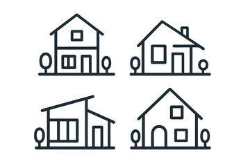 Fototapeta premium House icon set for real estate business. Simple home and property symbols. Line art architecture graphics. Collection of modern residential building logos for web design.