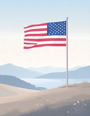 American flag on a hill overlooking a lake