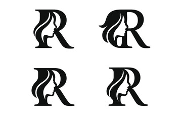 Fototapeta premium Beauty monogram letter R logo design set. Woman silhouette with long hair. Elegant feminine face profile for spa, salon, or cosmetics brand icon. Vector initial symbol.