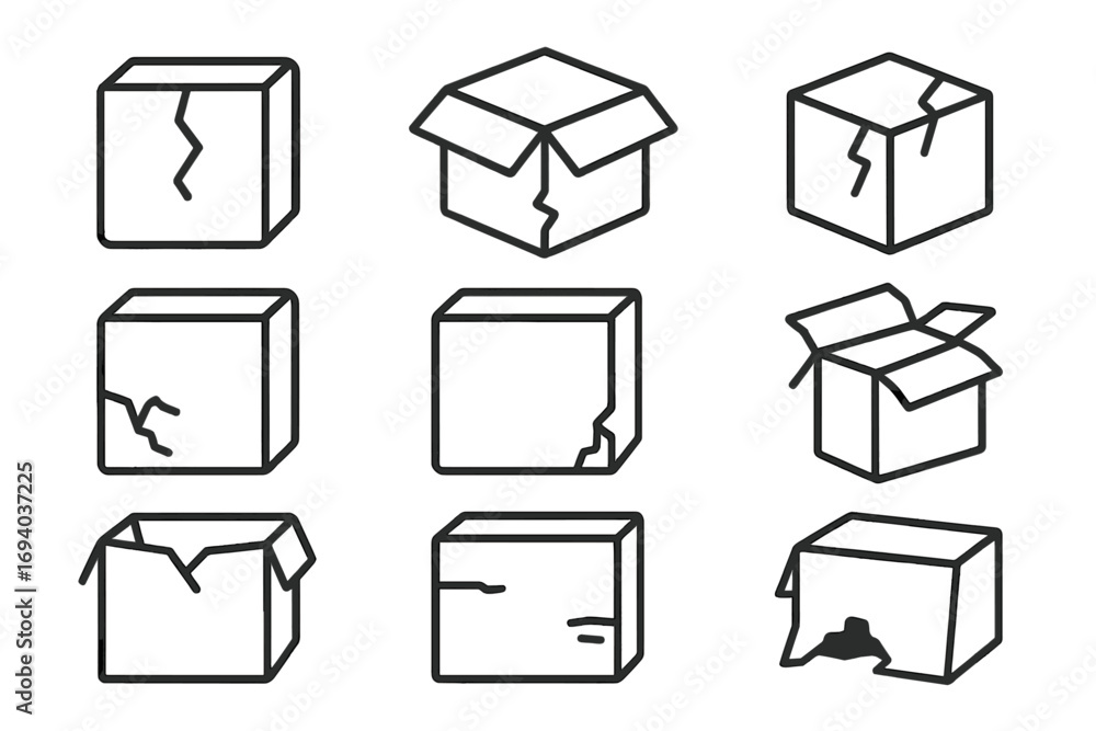 Poster broken box line icon set. damaged package and open carton signs. fragile shipping, delivery problem,