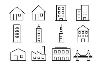 Building line icon set. City architecture and real estate symbols. Urban construction vector pictogram collection. House, skyscraper, factory, office, bridge. Editable stroke.