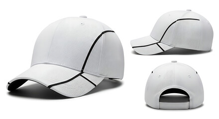 Three views of a white baseball cap with black accent lines, showcasing design.