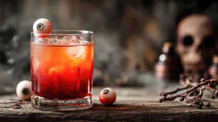 Halloween-themed cocktail in glass with ice, garnished with eyeball candy, set against a dark, spooky background for festive celebrations