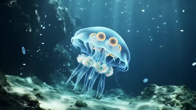 Bioluminescent Jellyfish Floating Gracefully in Deep Blue Sea with Light Rays and Underwater Landscape in Beautiful and Serene Marine Life 3D Animation 170 character