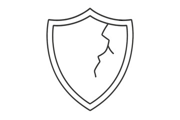 Cracked shield line icon. Metaphor for vulnerability, risk, and data breach. Broken defense and security failure concept. Unprotected symbol, weak guard vector illustration.