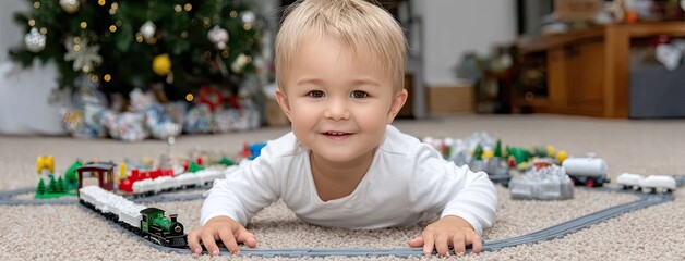 Child playing joyfully with toy train set on carpet during festive season at home, creating fond memories with family and friends