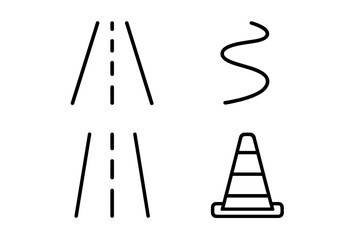 Road and traffic line icon set. Collection of highway, street, and driving-related outline signs. Vector symbols for graphic design, web, and apps. Includes traffic cone, curved path.