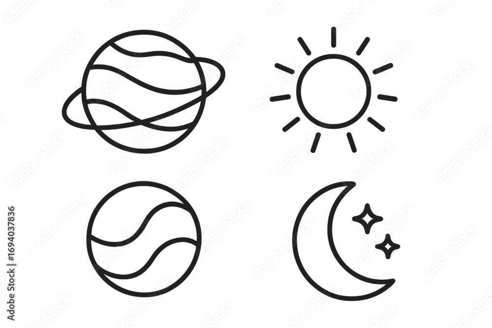 Poster cosmos line icon set with planet, sun, moon and stars. outline celestial body signs. space objects f