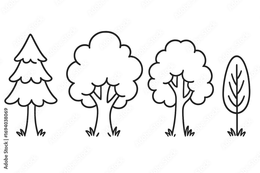 Poster Linear vector cartoon set of different tree shapes, forest elements for graphic design, app concepts, nature illustration with transparent background, ordered collection
