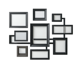 Black picture frames in various sizes, overlapping