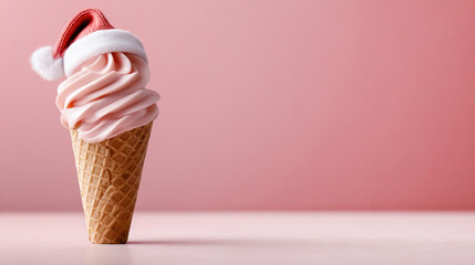 Ice cream cone topped with pink swirl and festive Santa hat, set against a soft pink background, embodying a cheerful Christmas dessert concept