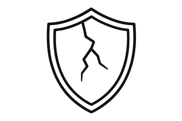 Broken shield icon concept of vulnerability and risk. Cracked guard symbol of failed security, data breach or damage. Metaphor for weakness, unprotected system failure.